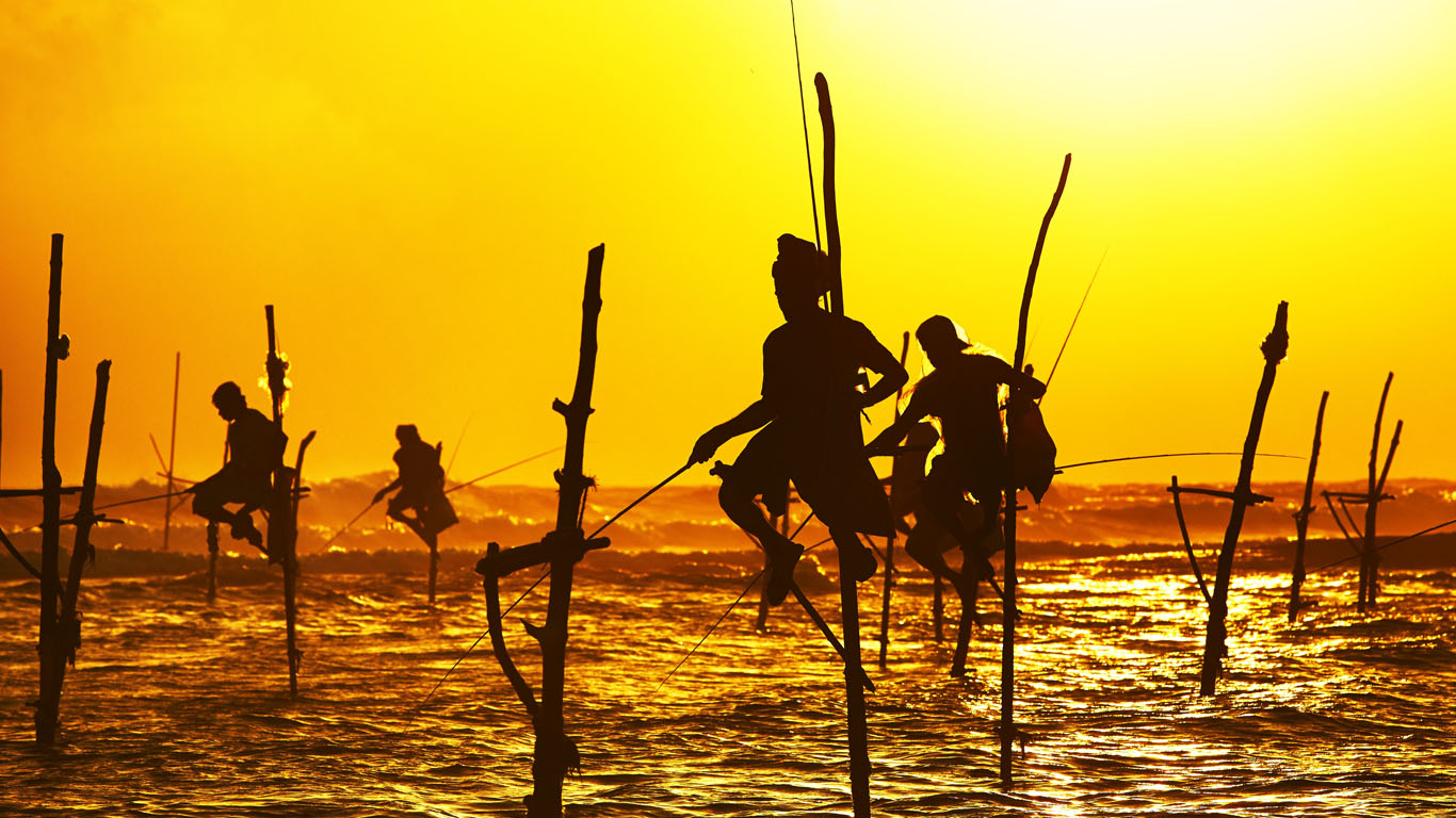 Silhouettes of the traditional fishermen at the sunset near Galle in Sri Lanka.