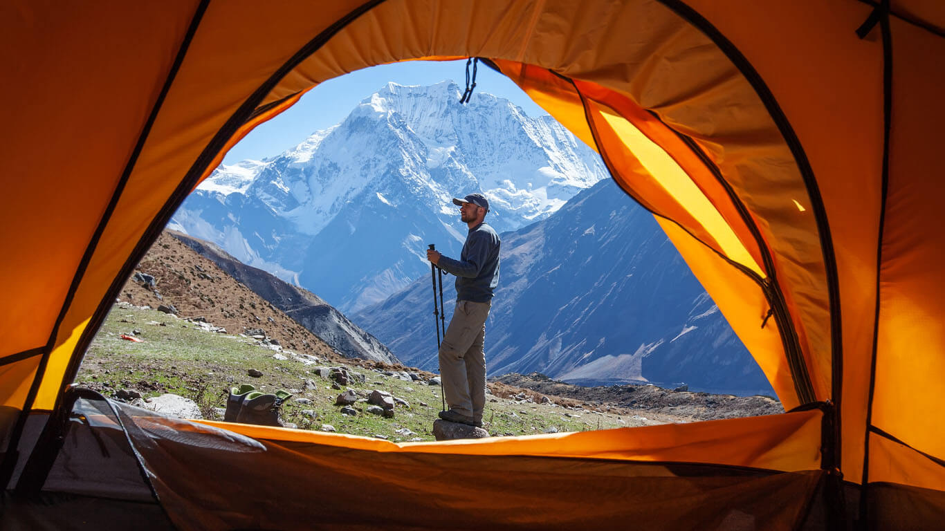 Hiker on the trek in Himalayas, Manaslu region, Nepal